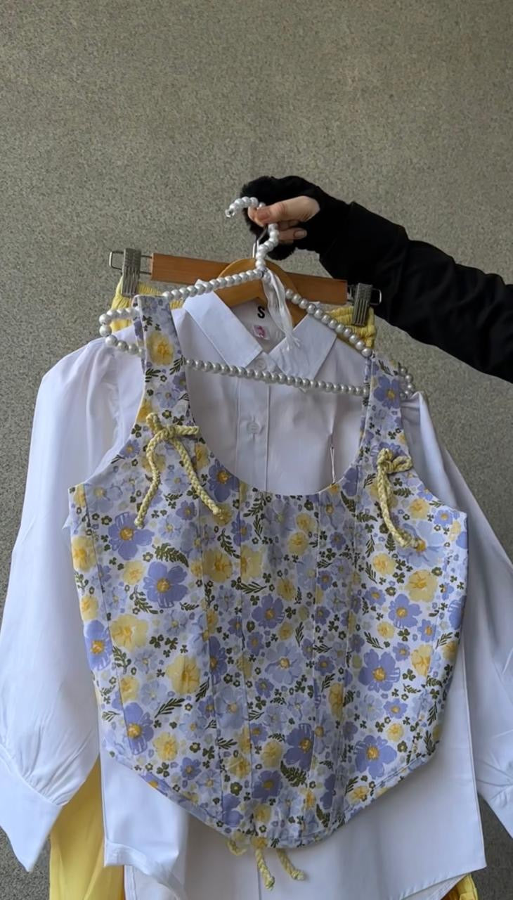Marigold Corset Top, White Shirt & Yellow Skirt Set