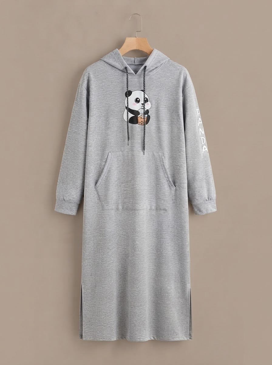 Grey Panda Boba Long Hoodie Dress