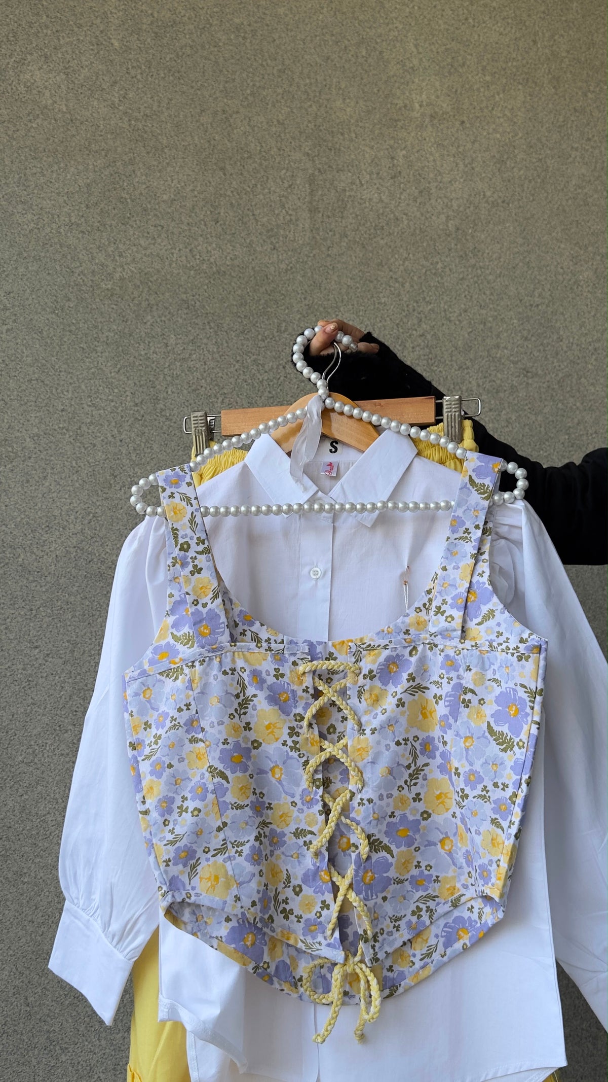 Marigold Corset Top, White Shirt & Yellow Skirt Set
