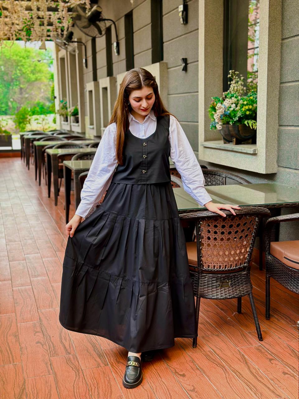 Black Skirt & Corset With White Shirt