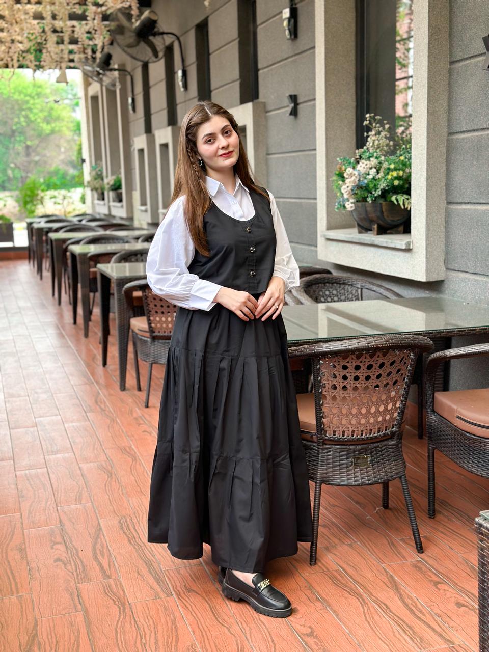Black Skirt & Corset With White Shirt