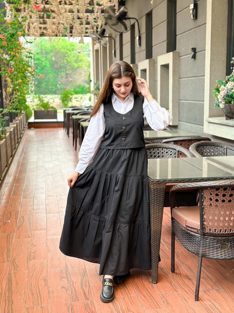 Black Skirt & Corset With White Shirt