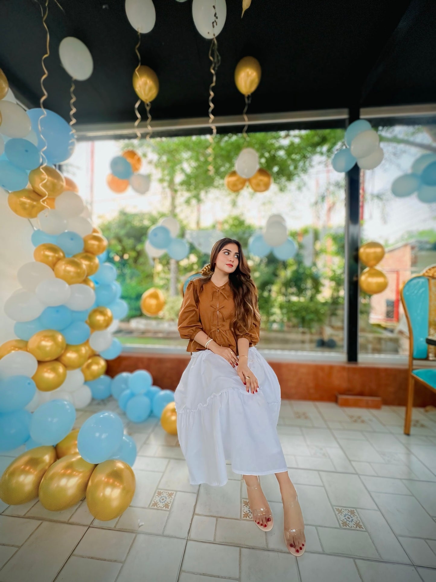 Brown Bow Top White Skirt