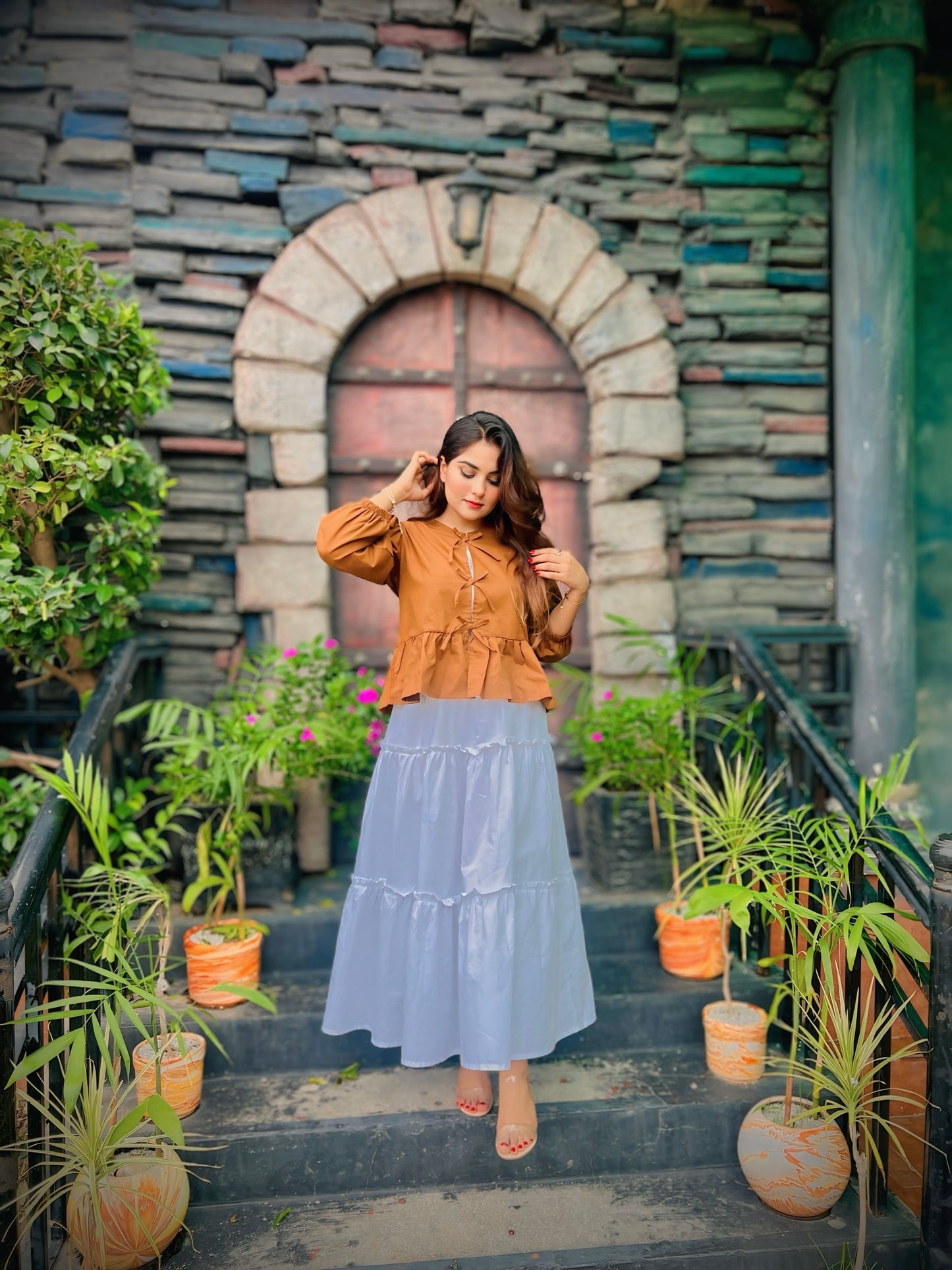 Brown Bow Top White Skirt