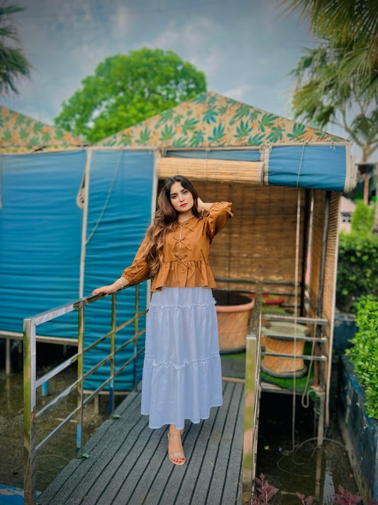 Brown Bow Top White Skirt
