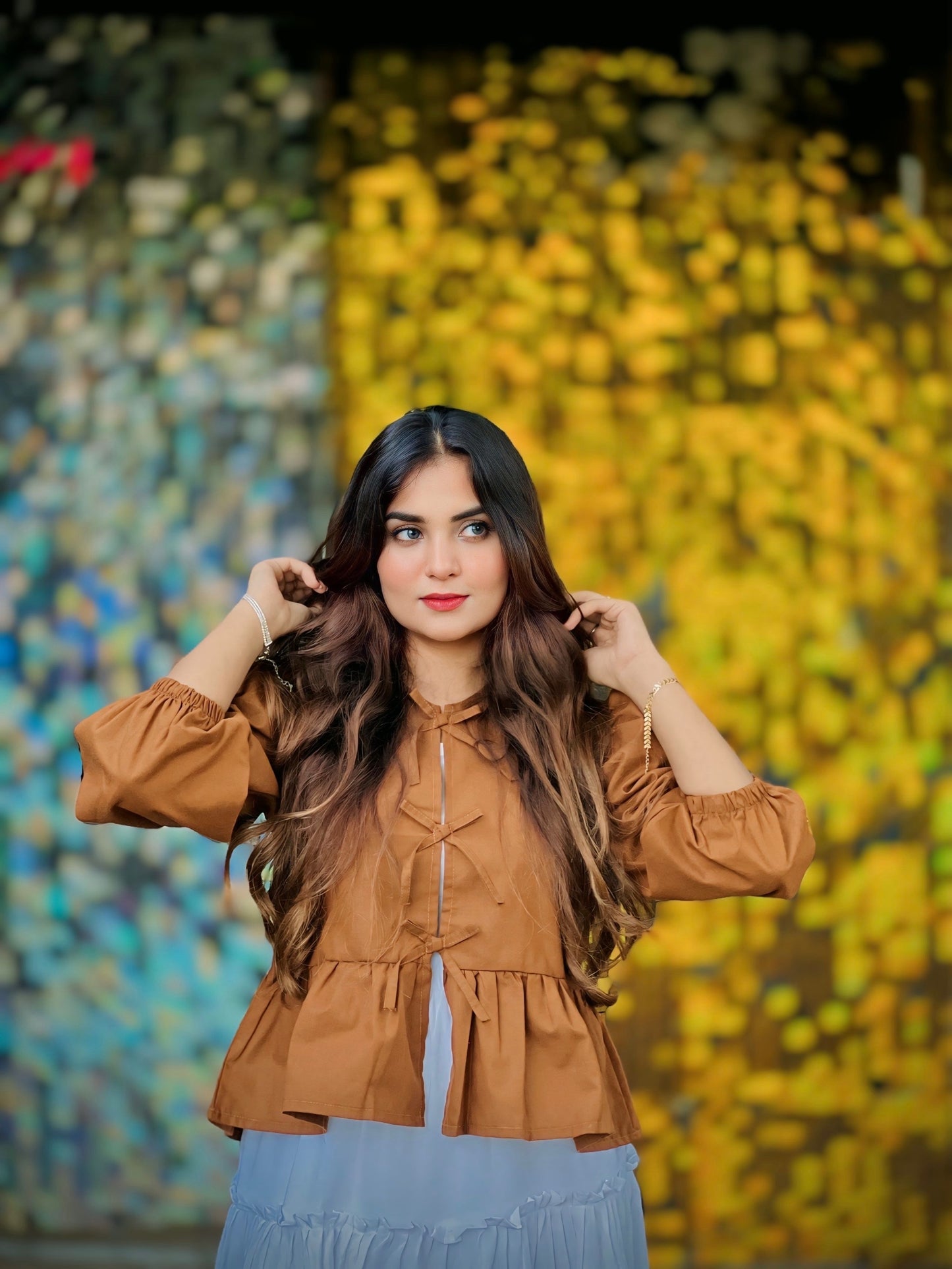 Brown Bow Top White Skirt