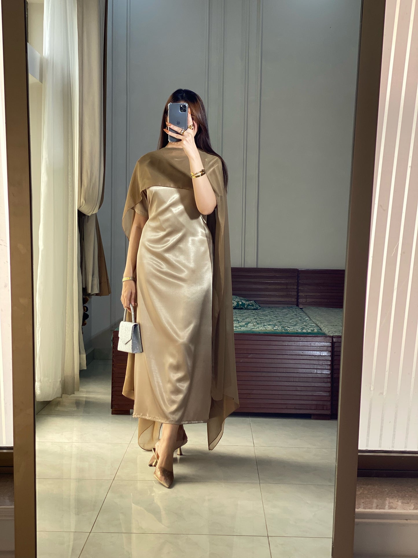 Olive Silk Maxi with Shiffon cape shawl