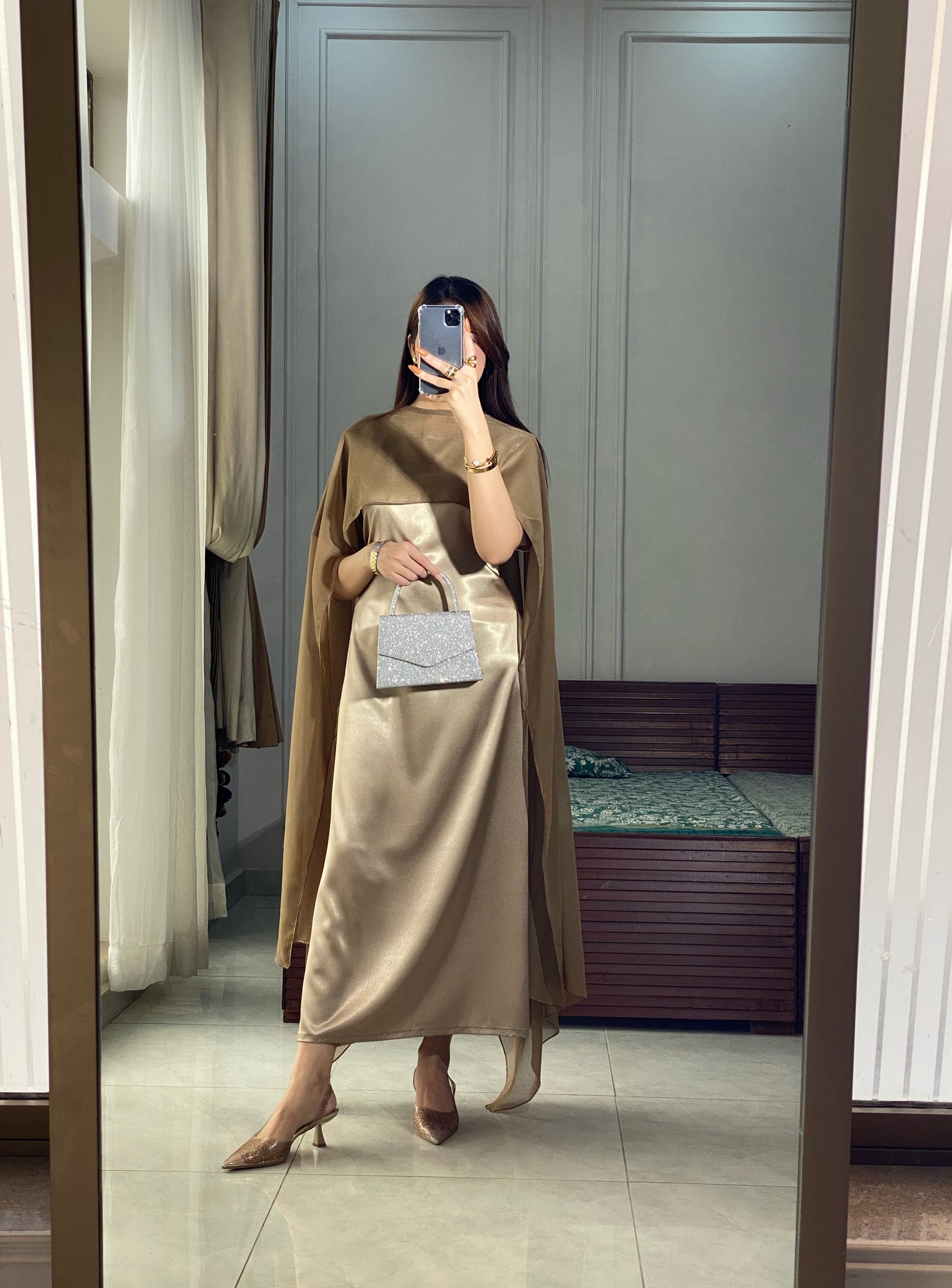 Olive Silk Maxi with Shiffon cape shawl