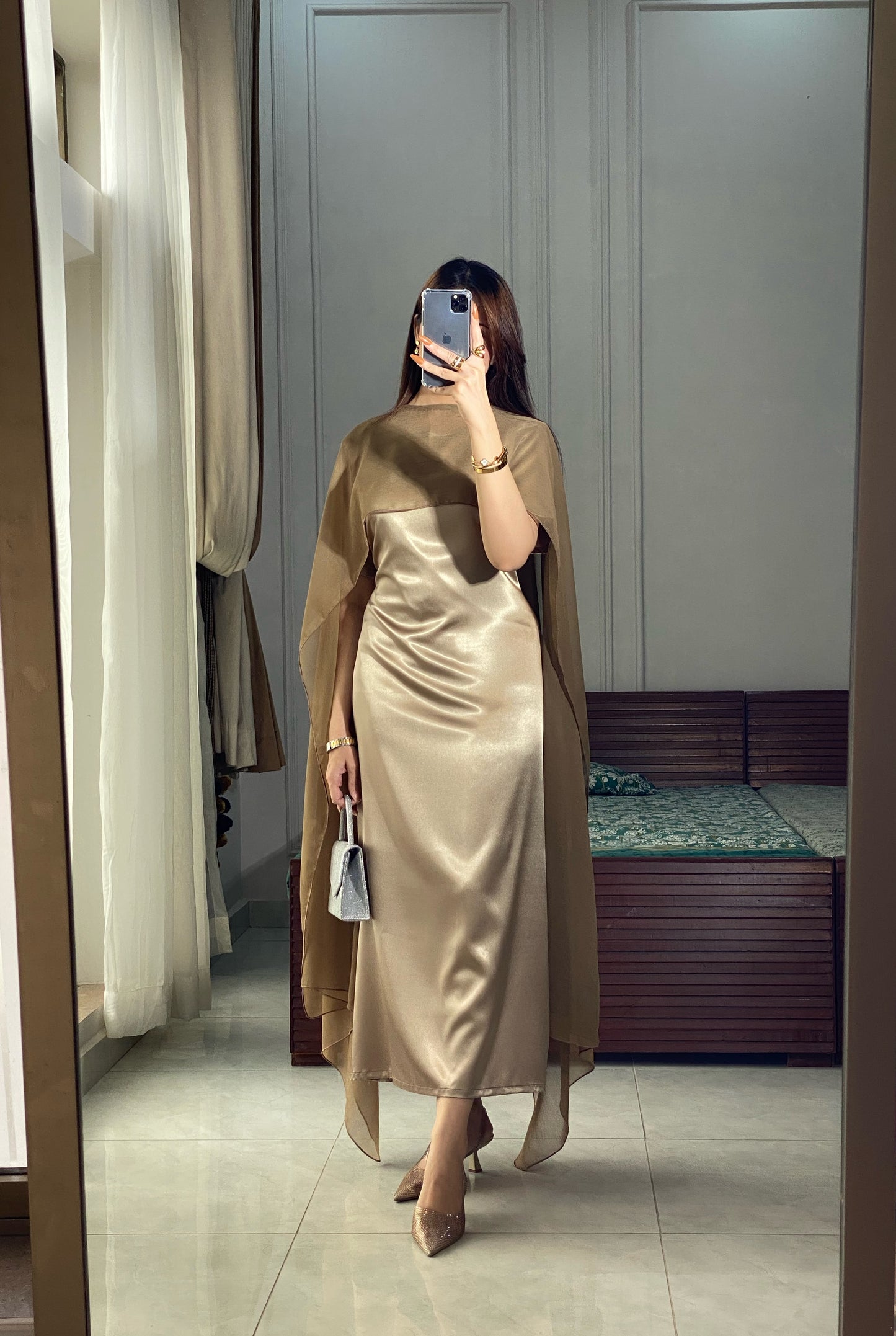 Olive Silk Maxi with Shiffon cape shawl