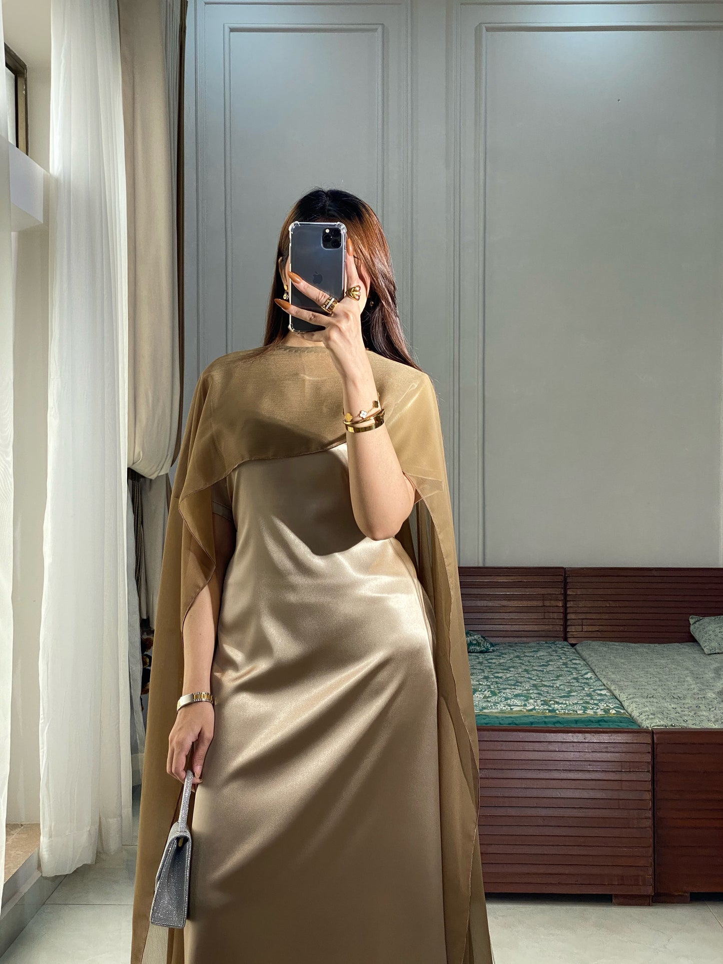 Olive Silk Maxi with Shiffon cape shawl