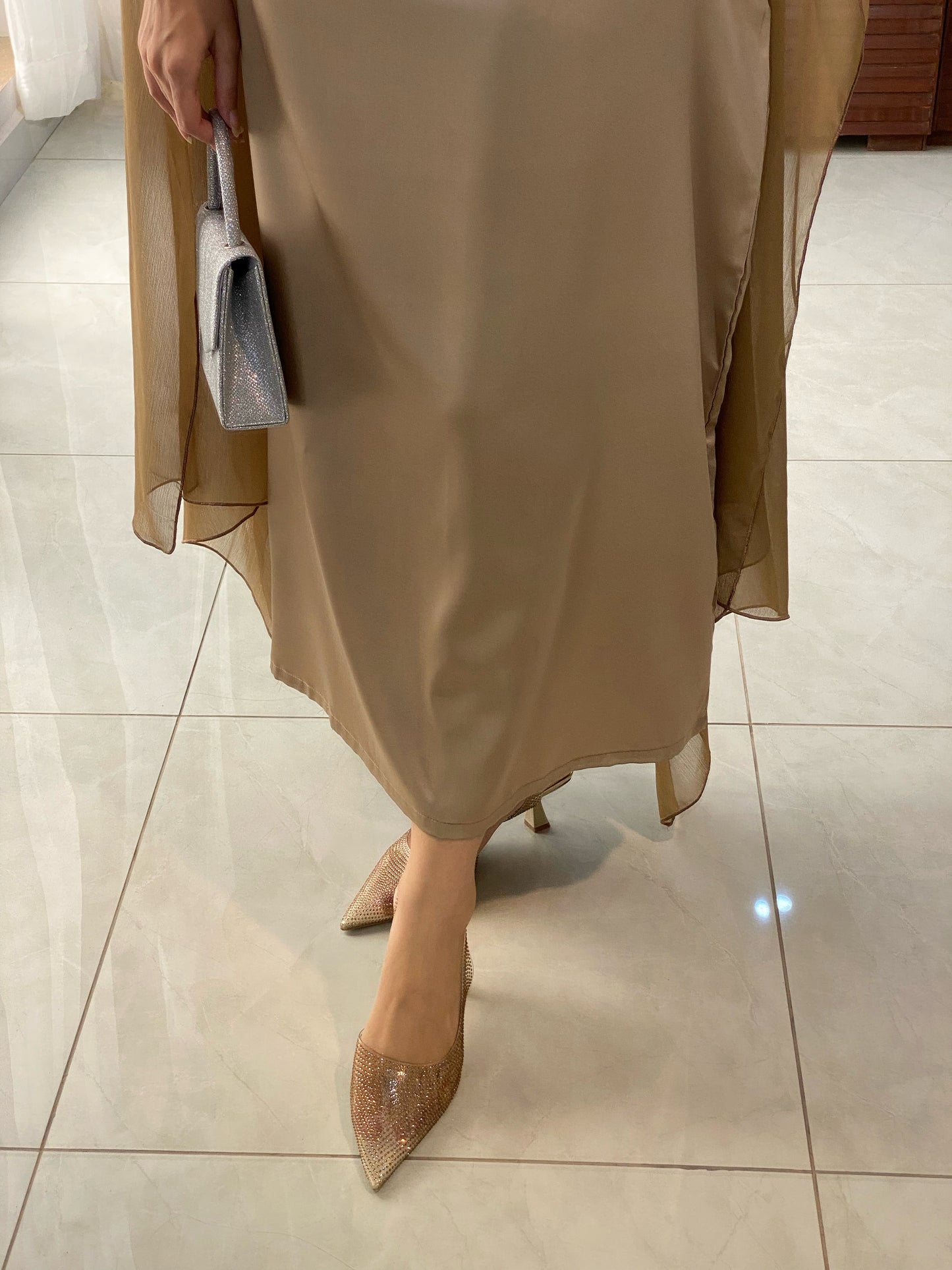 Olive Silk Maxi with Shiffon cape shawl