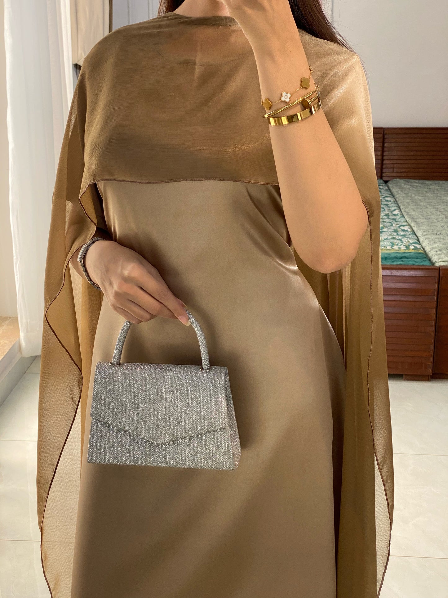 Olive Silk Maxi with Shiffon cape shawl