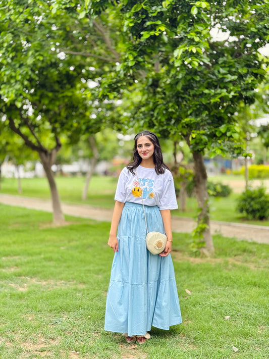 White Printed T-Shirt Sky Skirt