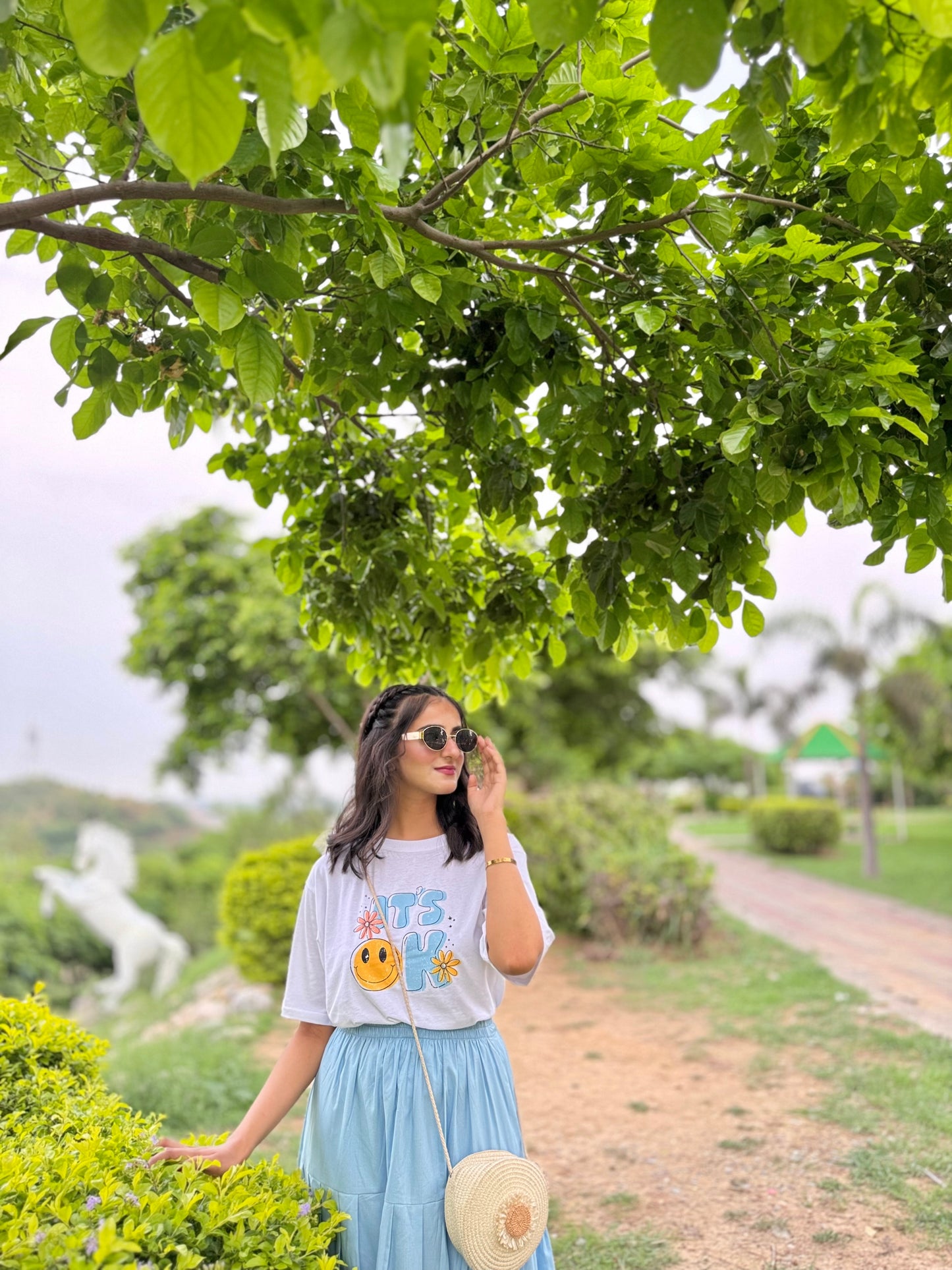 White Printed T-Shirt Sky Skirt