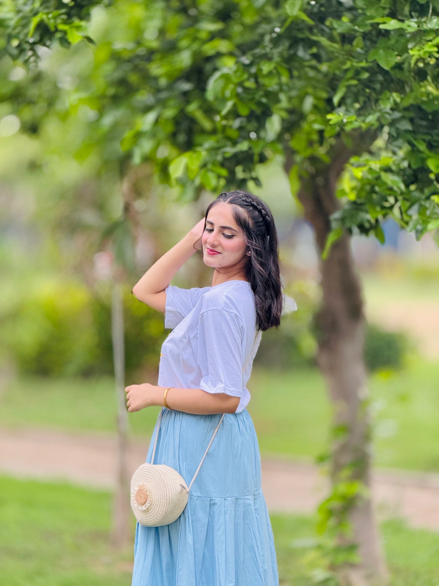 White Printed T-Shirt Sky Skirt