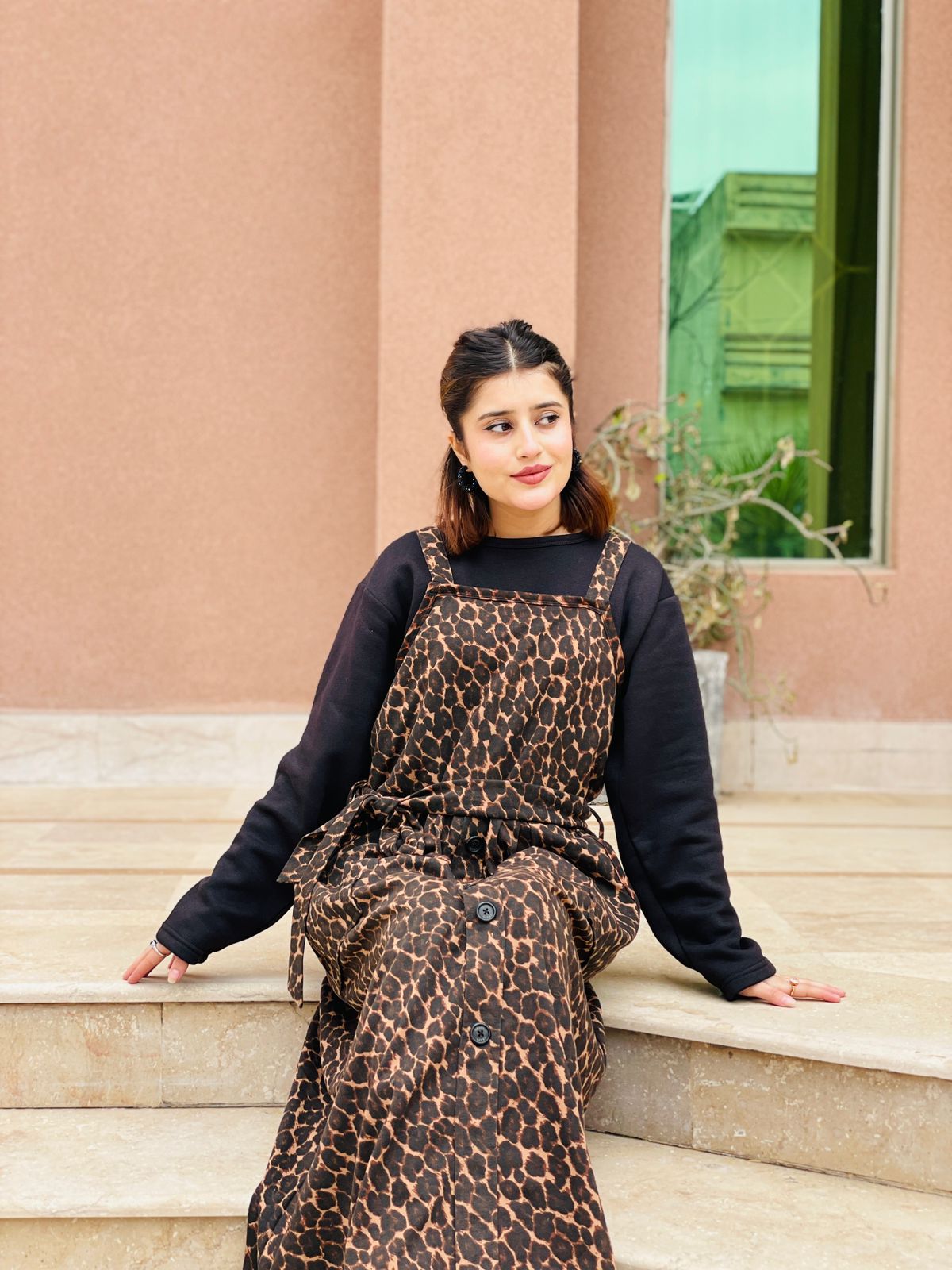 Tiger Print  Starapped Square Belted Dress With Black Shirt