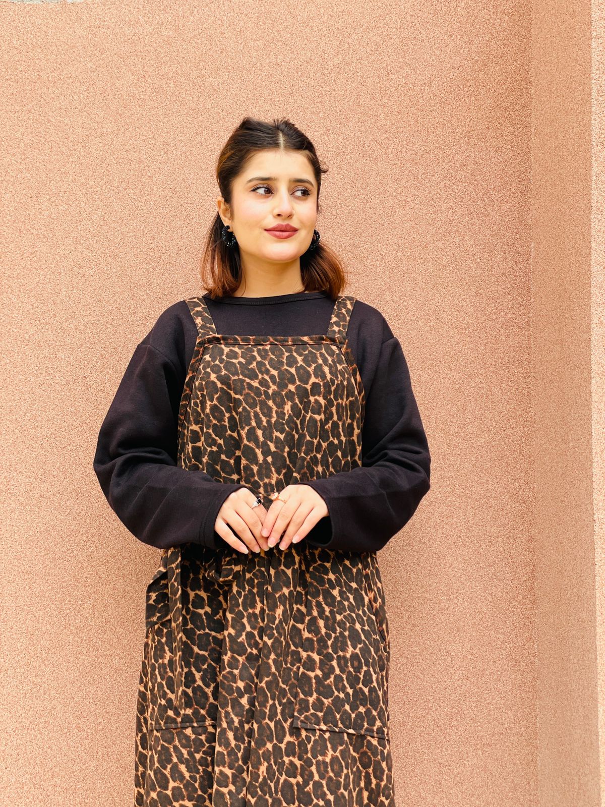 Tiger Print  Starapped Square Belted Dress With Black Shirt