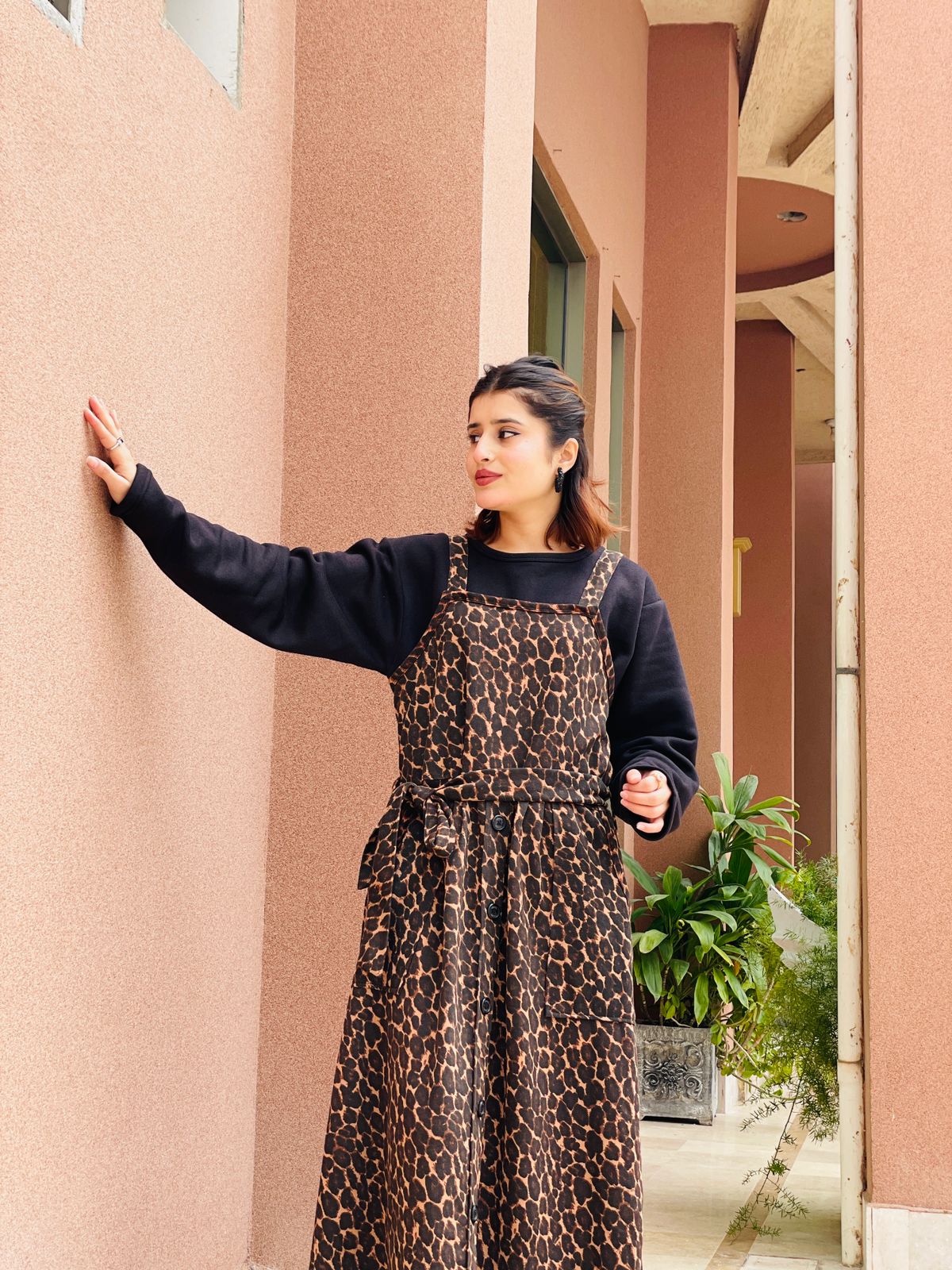 Tiger Print  Starapped Square Belted Dress With Black Shirt