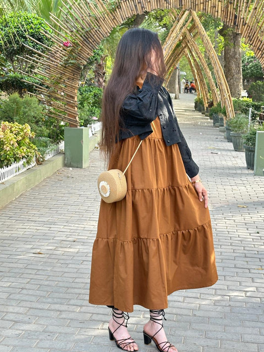 Black Chickenkari Coat With Plain Brown Frock