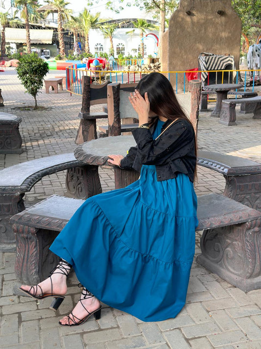 Black Chikenkari Coat With Plain Zink Frock