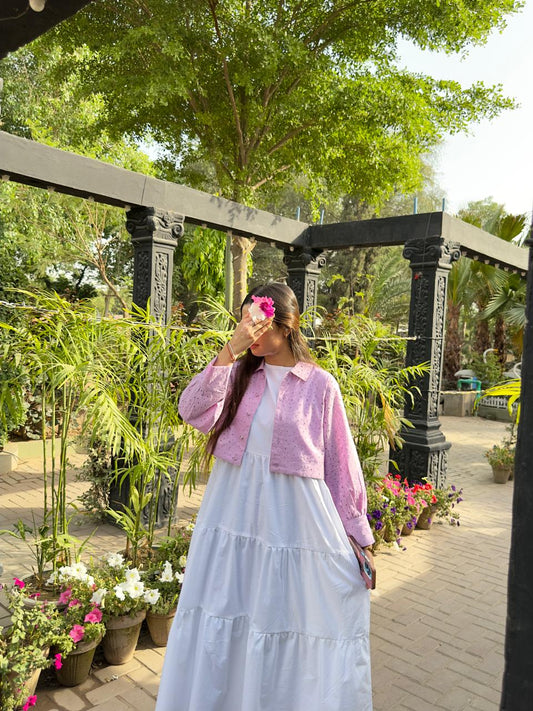Baby Pink Chikenkari Coat With Plain White Frock