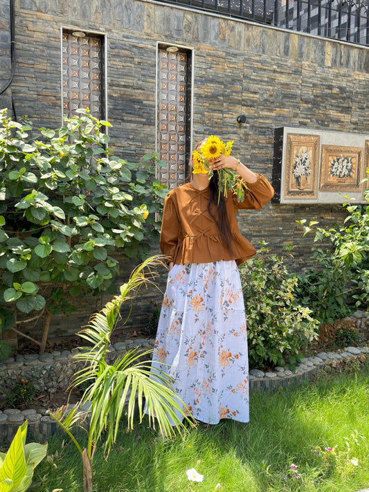 Brown Mini Top With White Printed Pockets Skirt