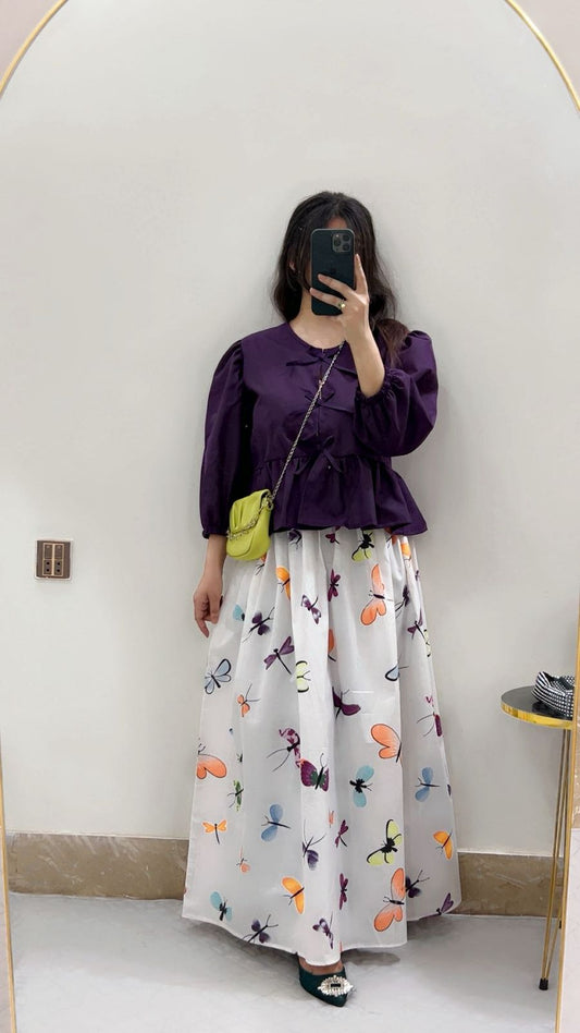 Purple Mini Top Butterfly Printed Skirt