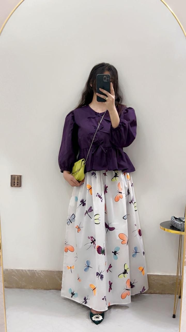 Purple Mini Top Butterfly Printed Skirt