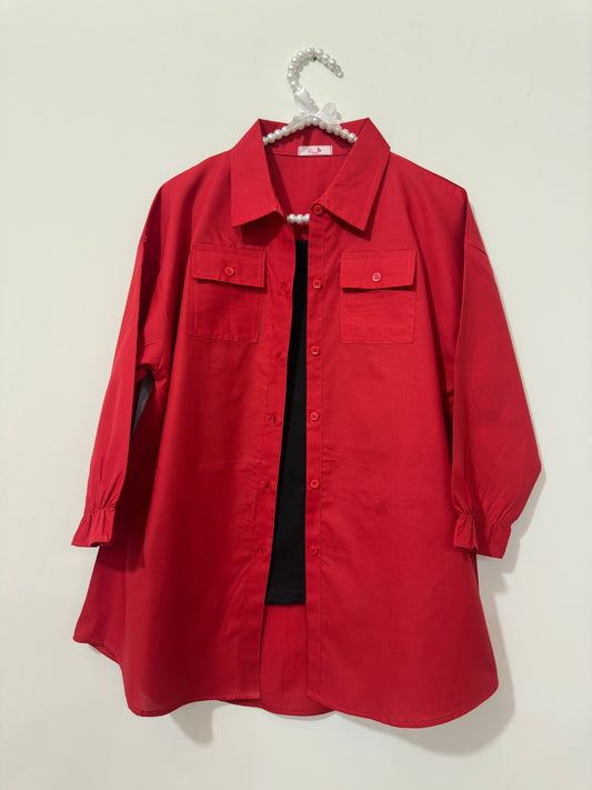 Red Button Down Pockets Shirt