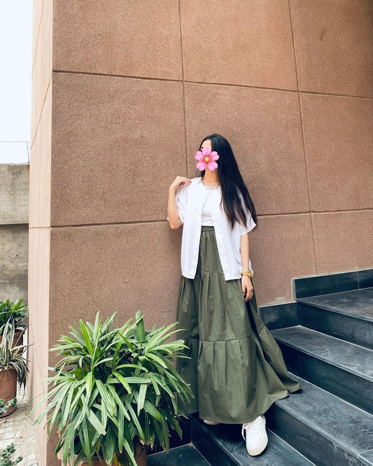White Shirt Olive Skirt
