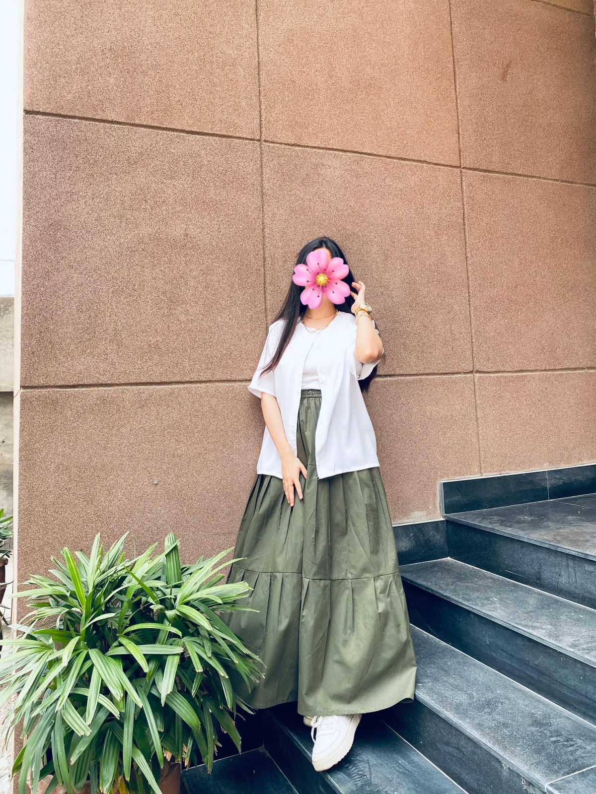 White Shirt Olive Skirt