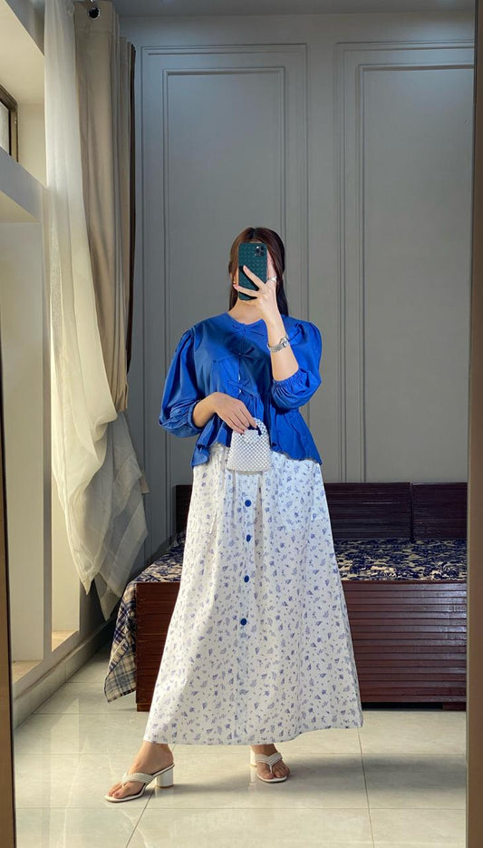 Azure Mini Top With White Floral Printed Pockets Skirt