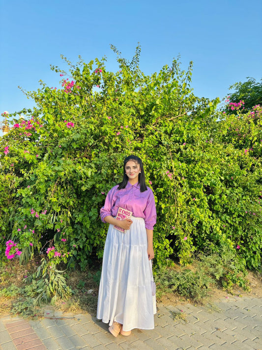 Lavender Pockets Shirt White Skirt