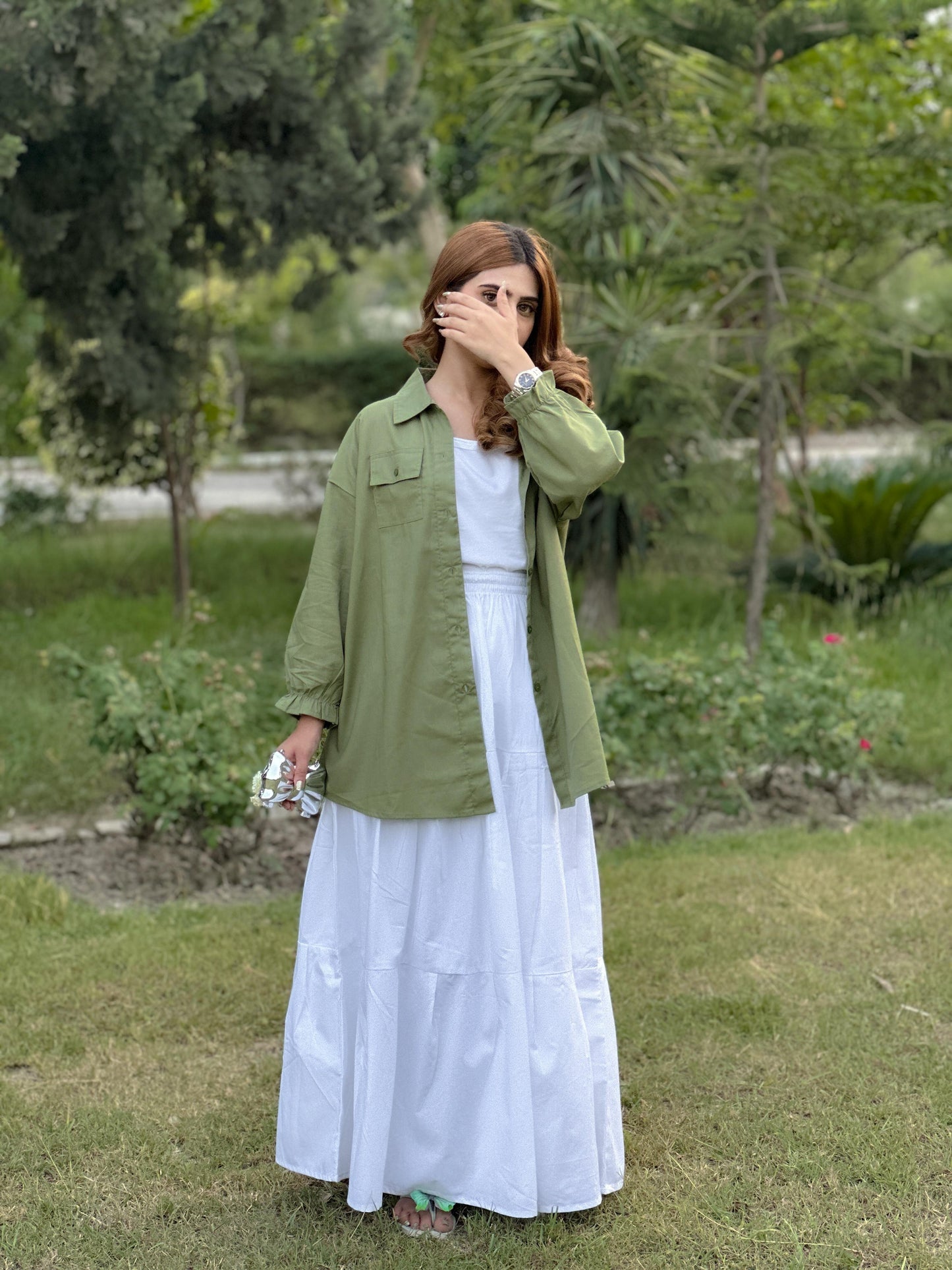 Olive Pockets Shirt White Skirt White Inner
