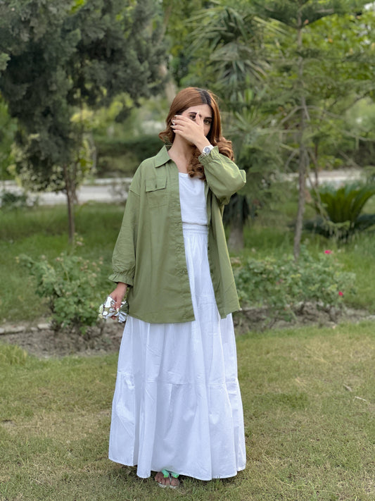 Olive Pockets Shirt White Skirt White Inner