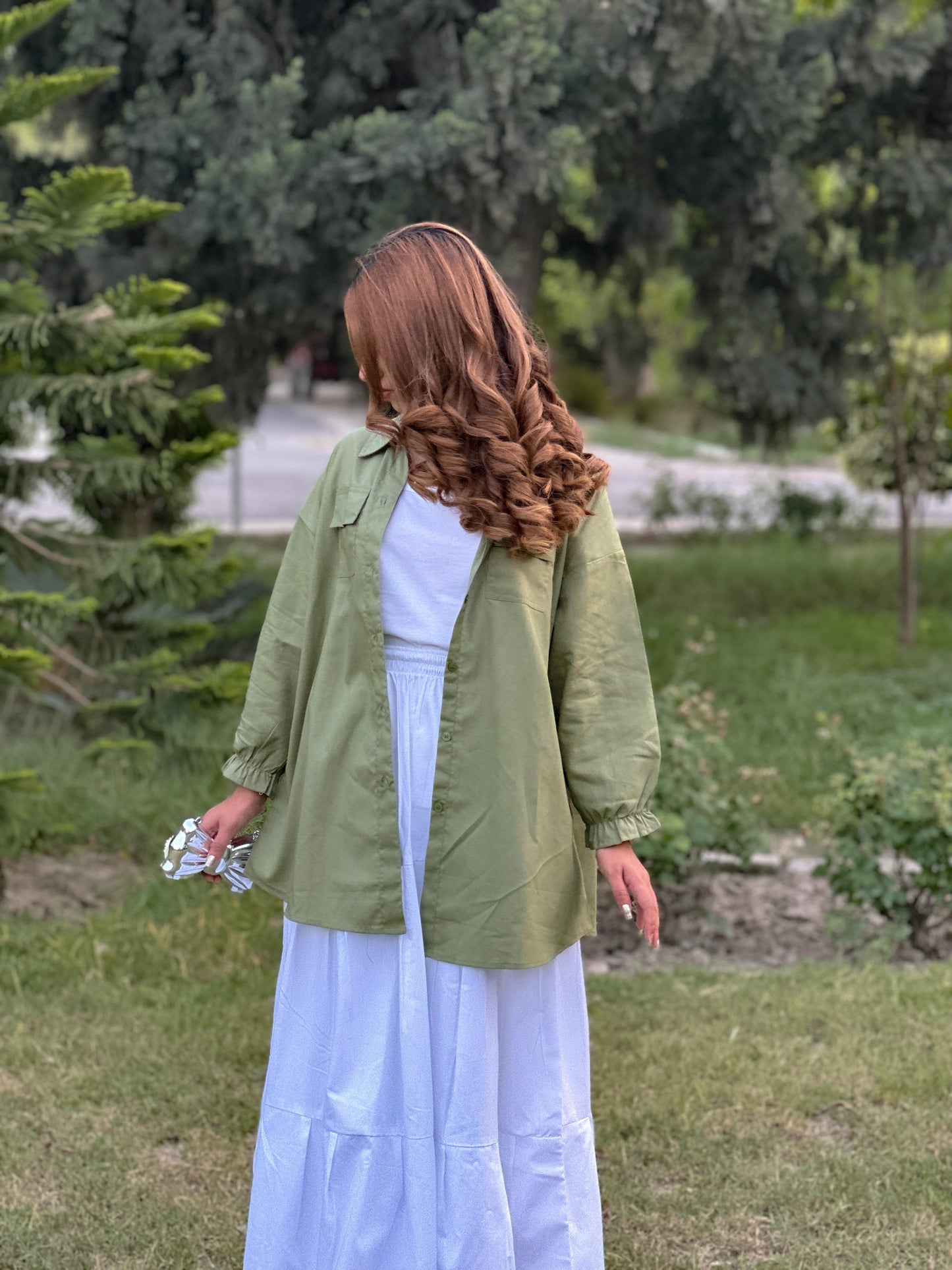 Olive Pockets Shirt White Skirt White Inner