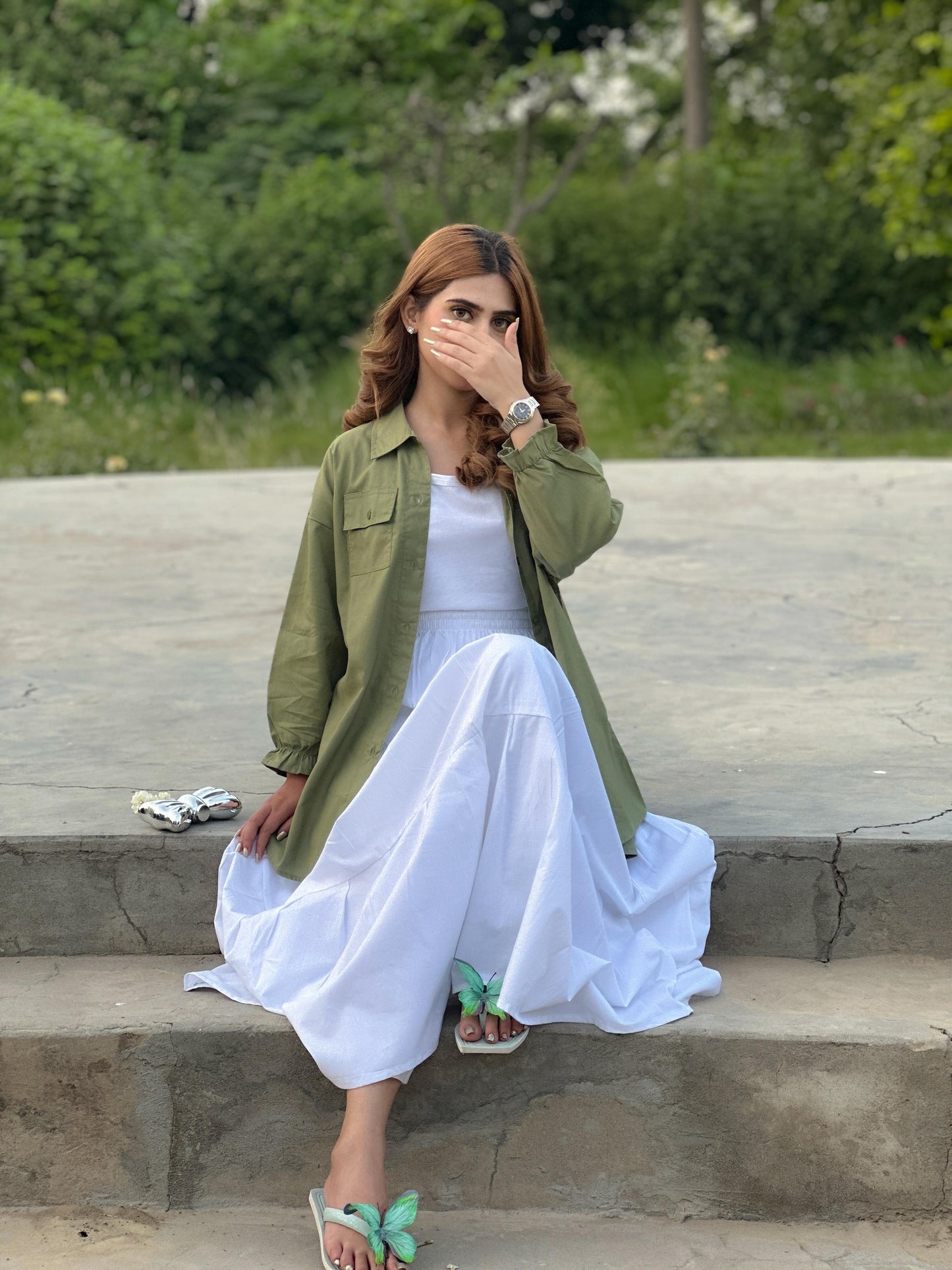 Olive Pockets Shirt White Skirt White Inner