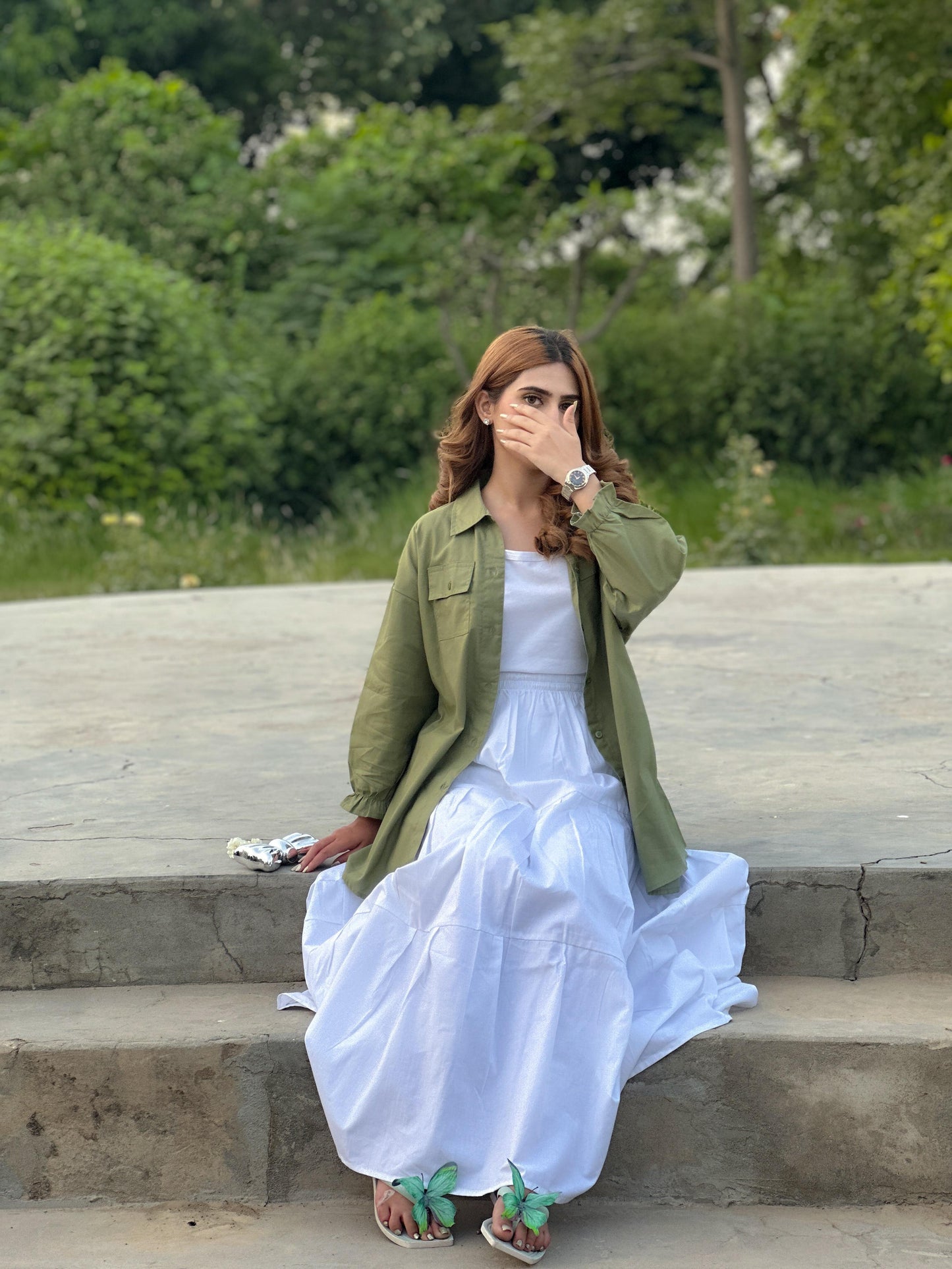 Olive Pockets Shirt White Skirt White Inner
