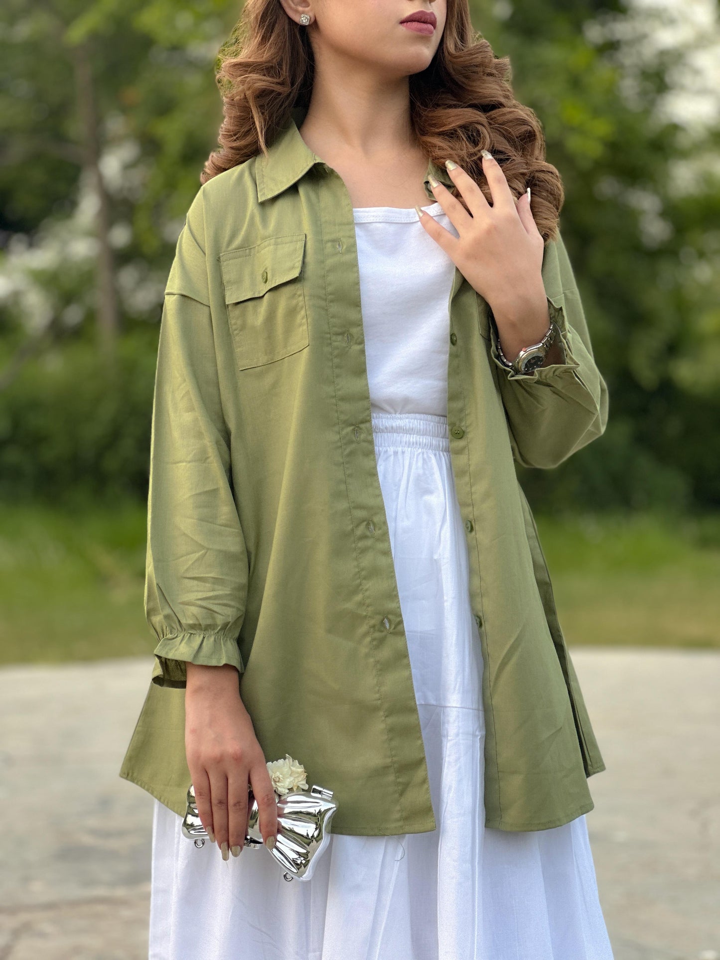 Olive Pockets Shirt White Skirt White Inner