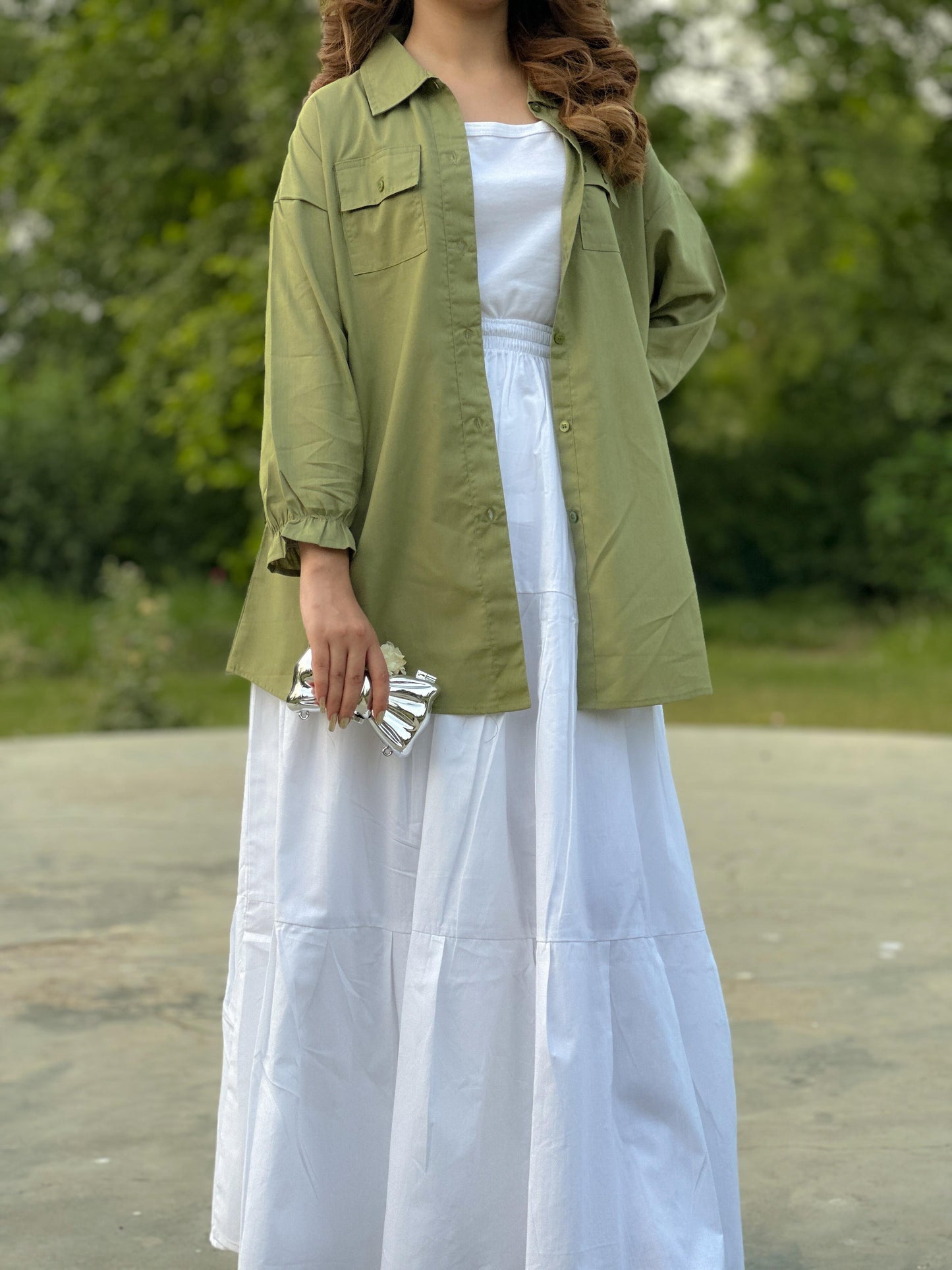 Olive Pockets Shirt White Skirt White Inner
