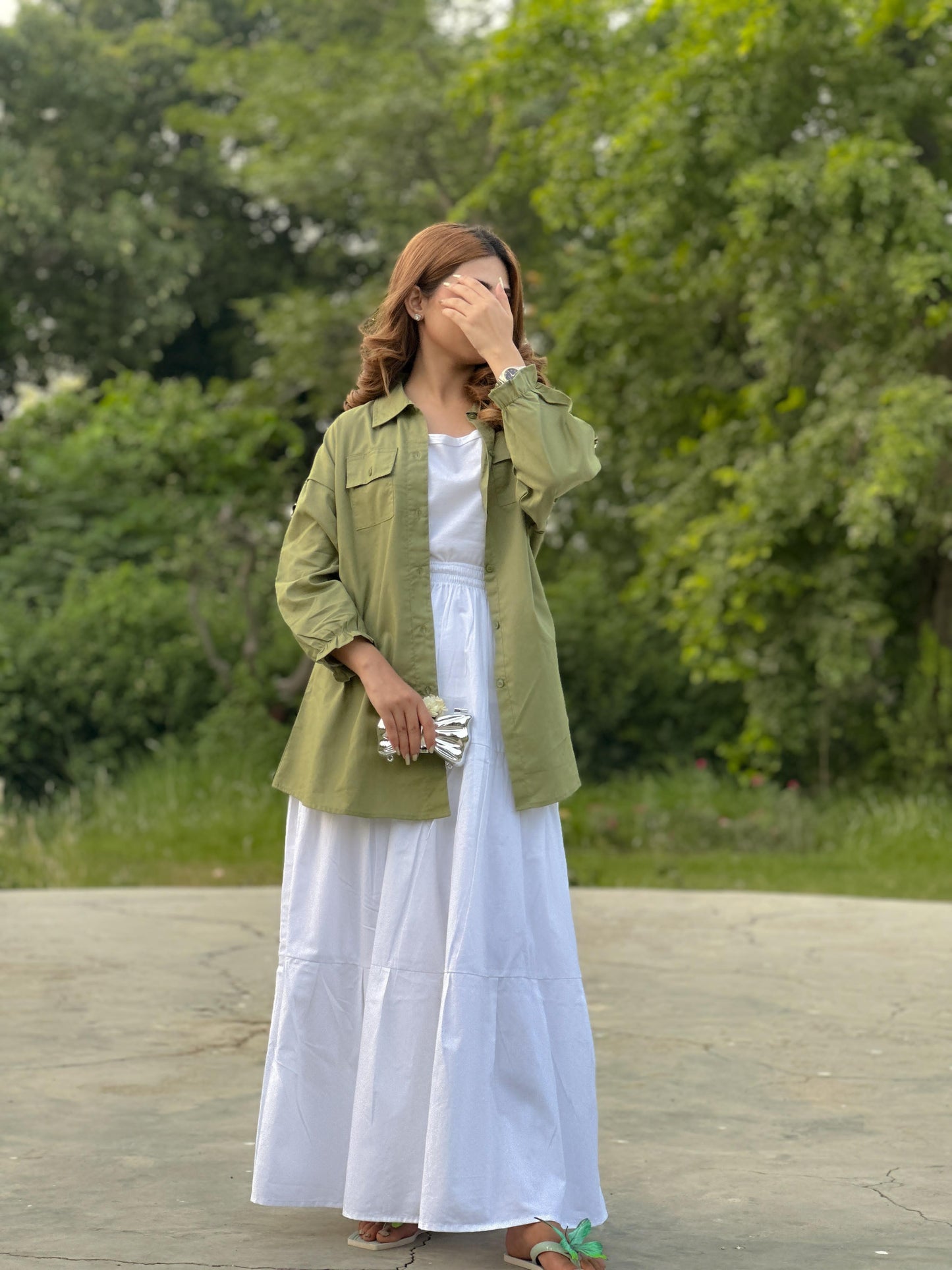 Olive Pockets Shirt White Skirt White Inner