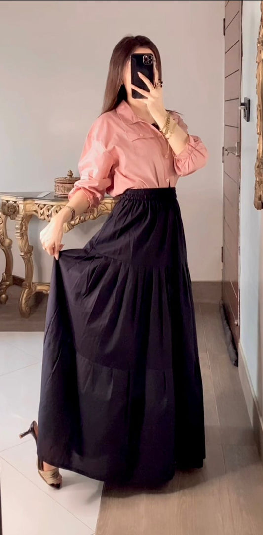 Peechy Keen Button Down Shirt & Black Three Tiered Skirt