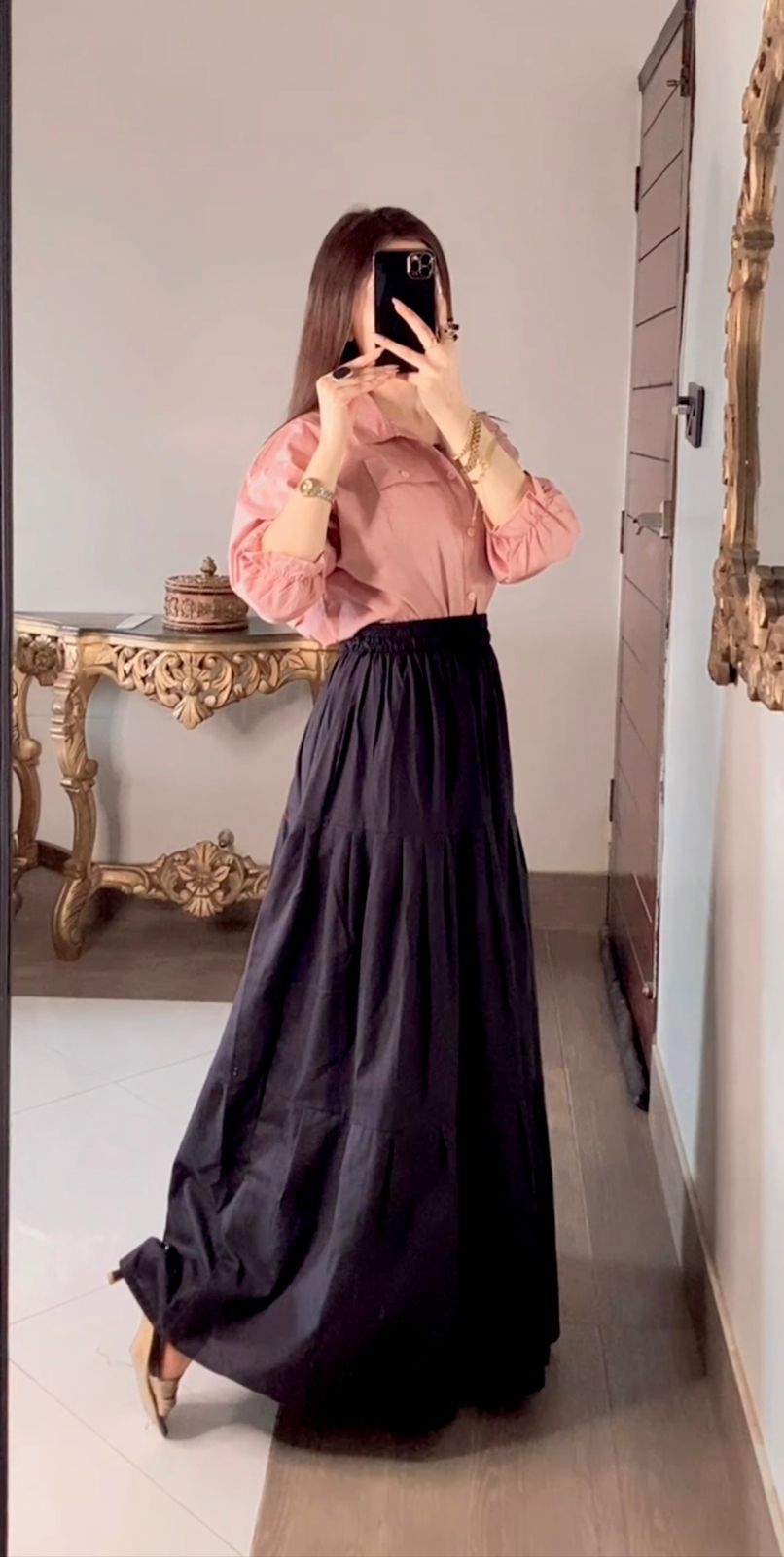 Peechy Keen Button Down Shirt & Black Three Tiered Skirt
