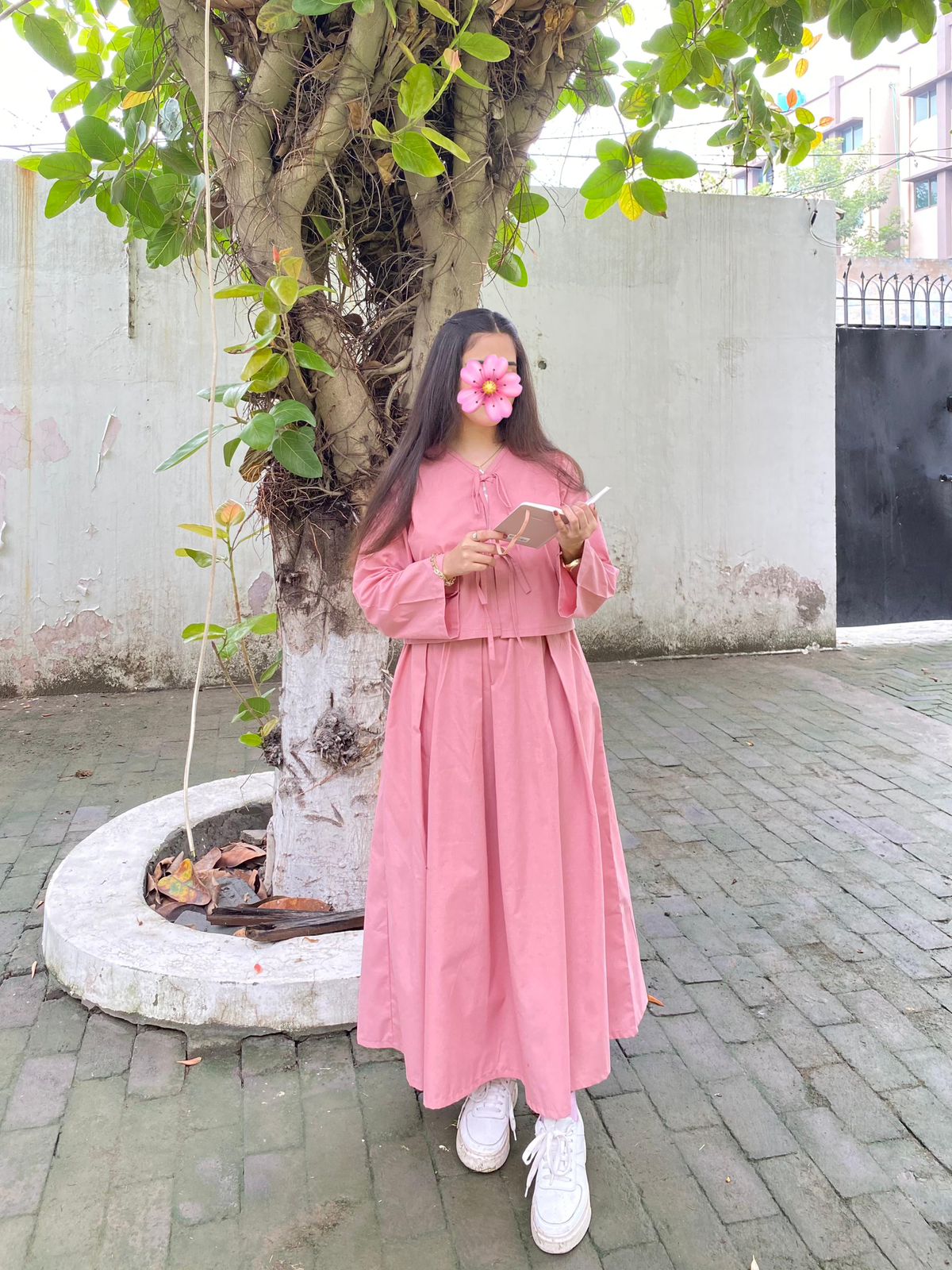Rose Pink Top & Box Pleated Skirt