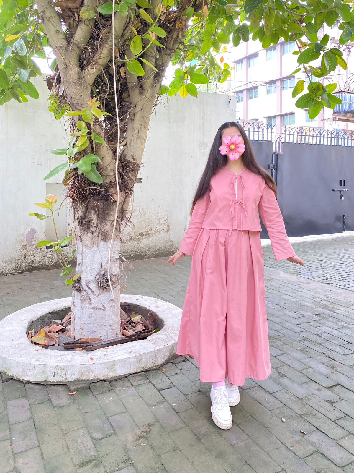 Rose Pink Top & Box Pleated Skirt