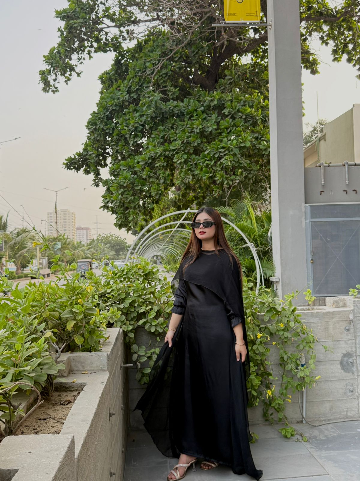 Black Satin Maxi with chiffon cape shawl