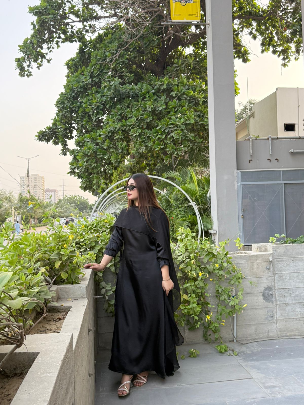 Black Satin Maxi with chiffon cape shawl