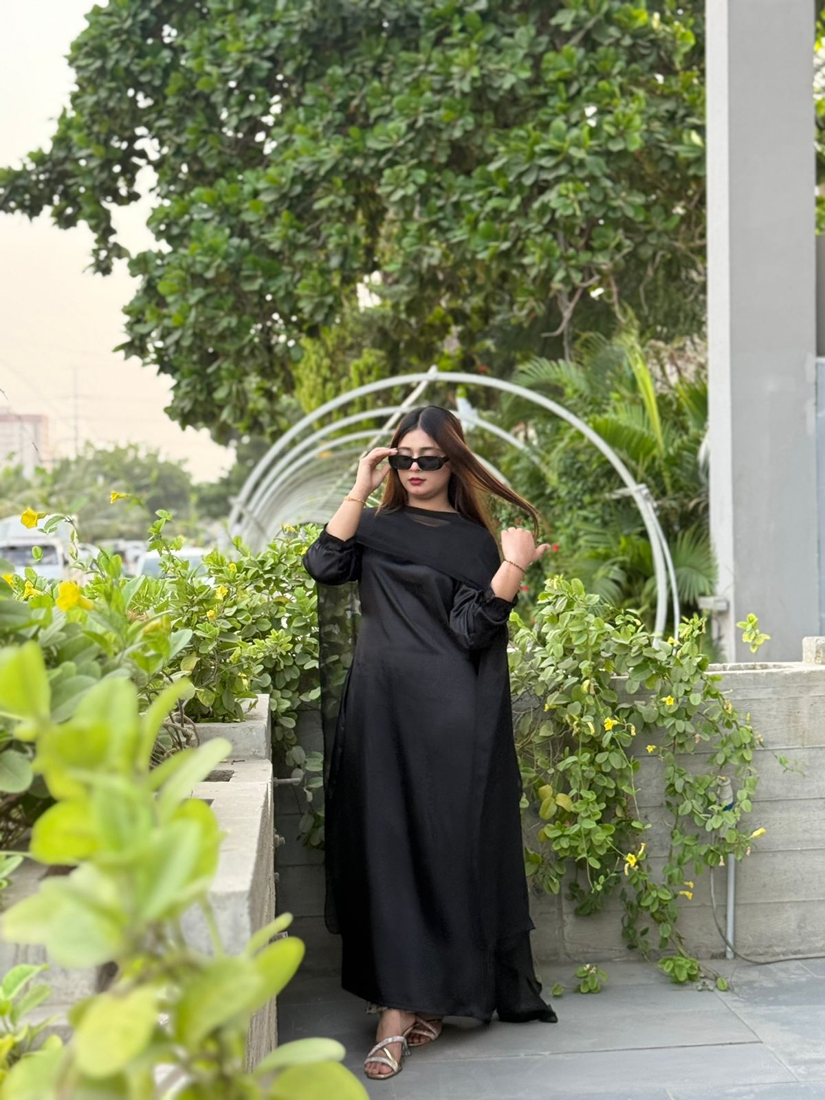 Black Satin Maxi with chiffon cape shawl