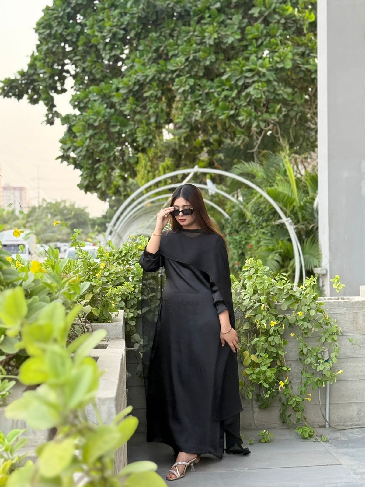 Black Satin Maxi with chiffon cape shawl