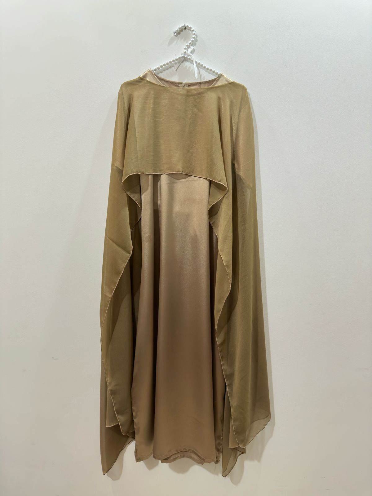 Olive Silk Maxi with Shiffon cape shawl